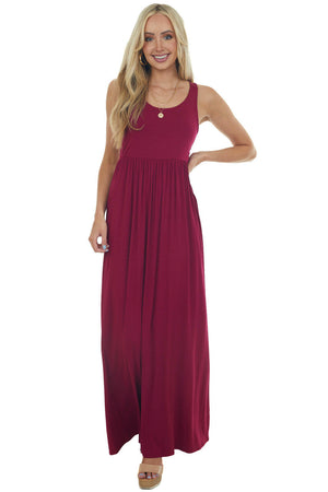 Wine Sleeveless Babydoll Knit Maxi Dress