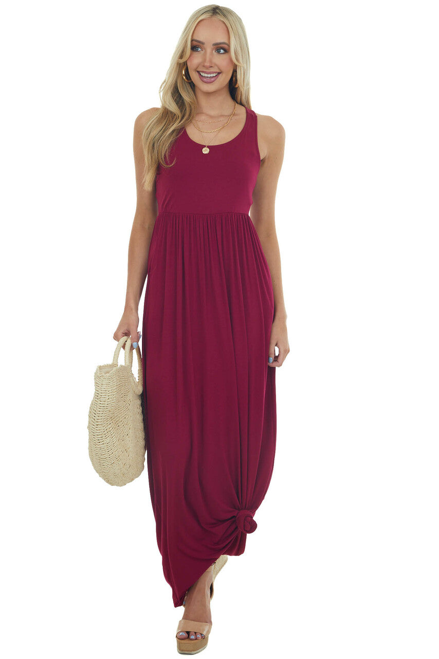 Wine Sleeveless Babydoll Knit Maxi Dress