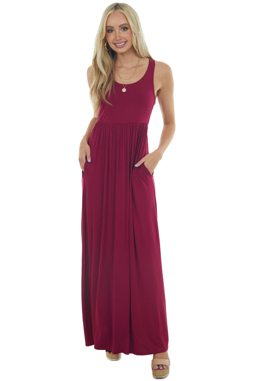 Wine Sleeveless Babydoll Knit Maxi Dress