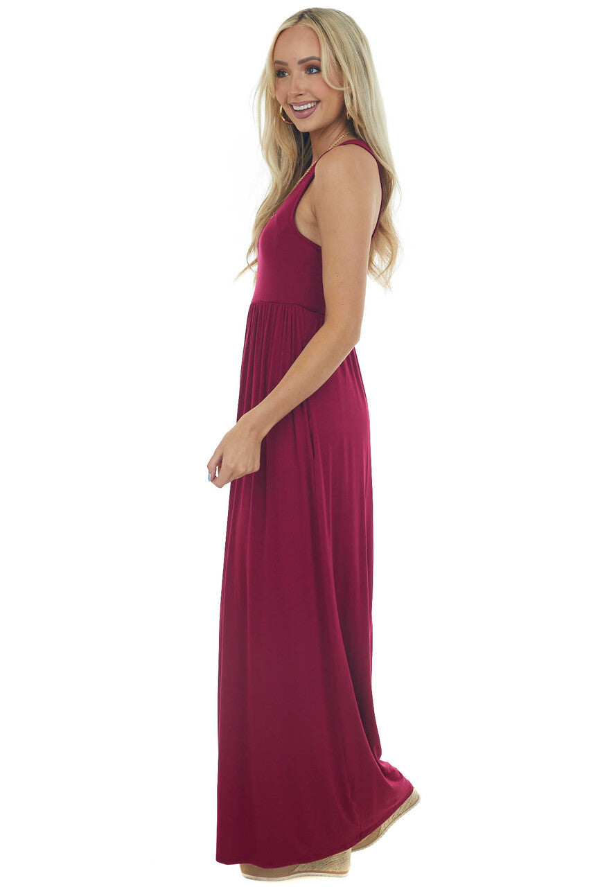 Wine Sleeveless Babydoll Knit Maxi Dress