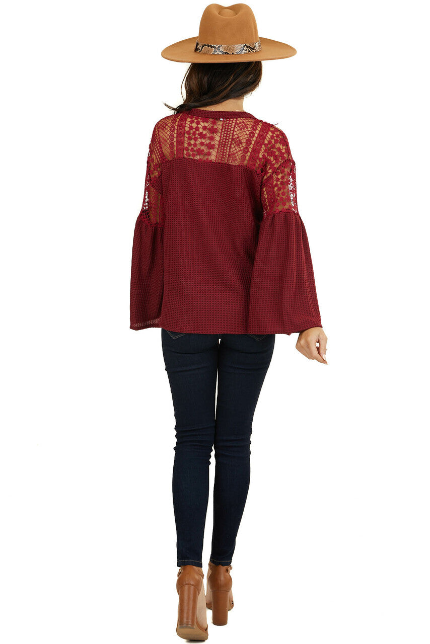 Wine Waffle Knit Top with Long Sleeves and Lace Contrast