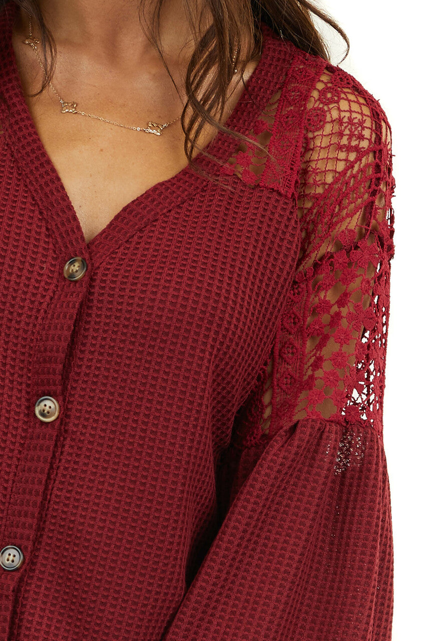 Wine Waffle Knit Top with Long Sleeves and Lace Contrast