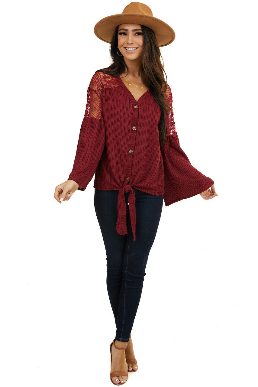 Wine Waffle Knit Top with Long Sleeves and Lace Contrast