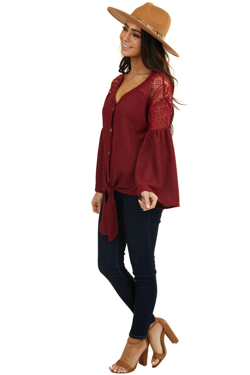 Wine Waffle Knit Top with Long Sleeves and Lace Contrast