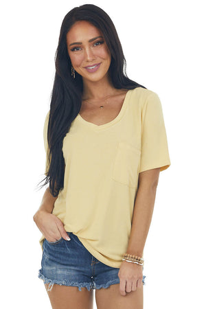 Yellow Short Sleeve Chest Pocket Knit Top